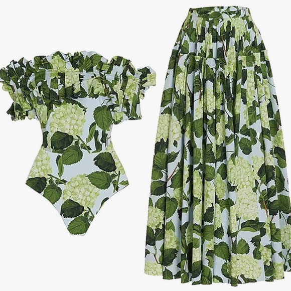 Women Floral Print Swimsuit with Maxi Beach Skirt Bathing - Picture 3 of 3